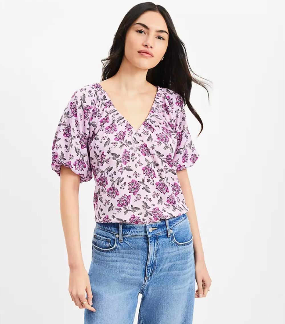 LOFT XL Pink Floral Split Neck Puff Sleeve Peasant Blouse NWT Boho Top